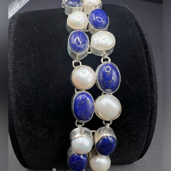 Lapis Lazuli, Pearl and Sterling Silver Bracelet - Picture 3 of 4